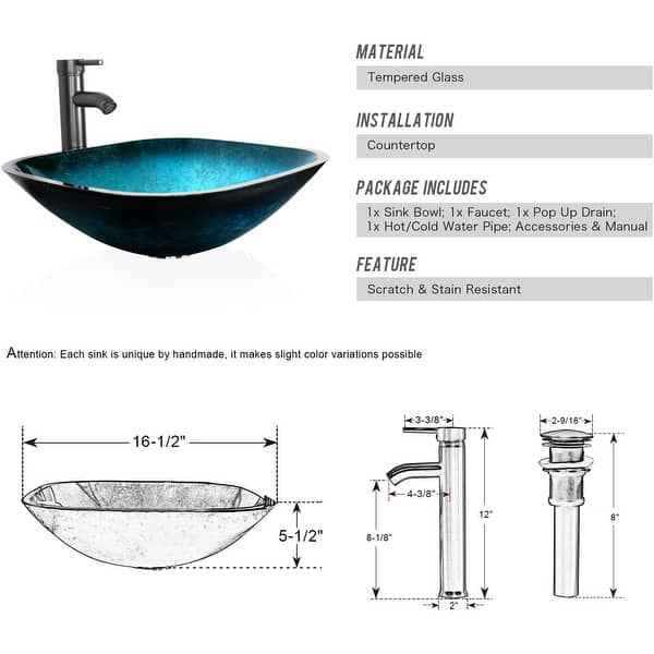 dimension image slide 2 of 15, Eclife Artistic Vessel Sinks for Bathroom Vanity Tempered Glass Ceramic Basin