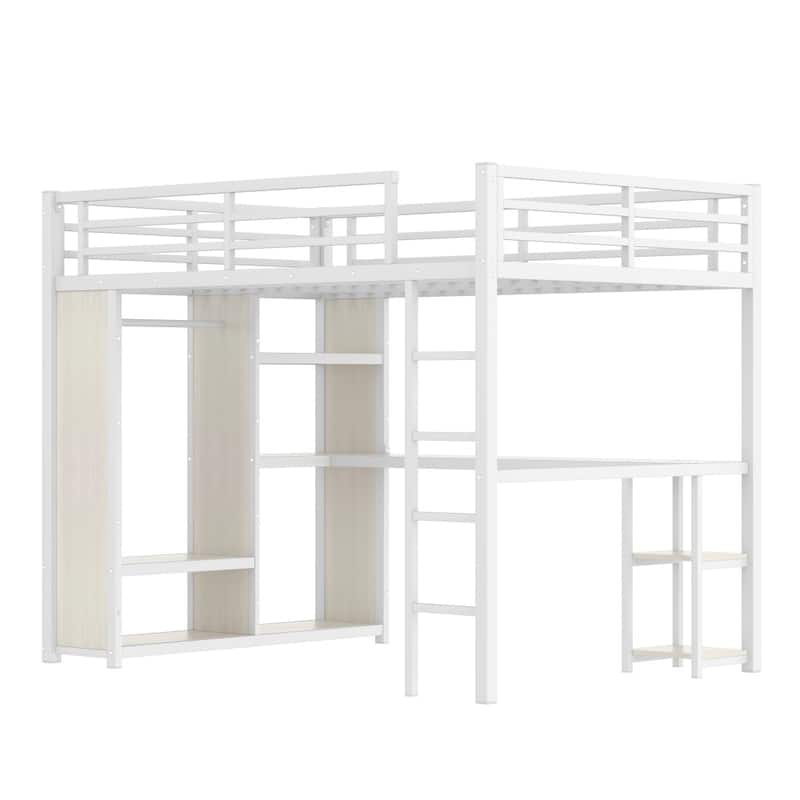Queen Size Loft Bed Frame with Built-in Wardrobe,Desk and Storage Shelves