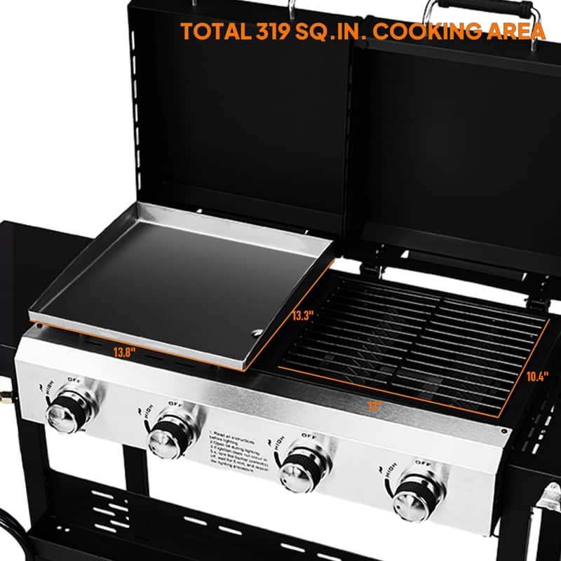 4 Burner 2-in-1 Propane Grill and Griddle Combo Standing with Lid