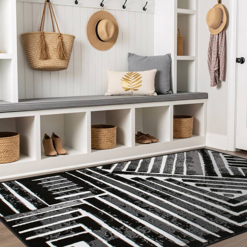 World Rug Gallery Contemporary Stripe Design Black / Gray / Ivory Area Rug