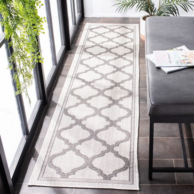 SAFAVIEH Bermuda Washable Edelt Indoor/ Outdoor Waterproof Rug - 2' x 8' Runner - Ivory/Grey