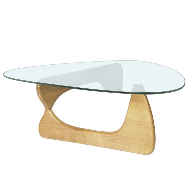 Triangle Glass Coffee Table with Solid Wood Base for Living Room