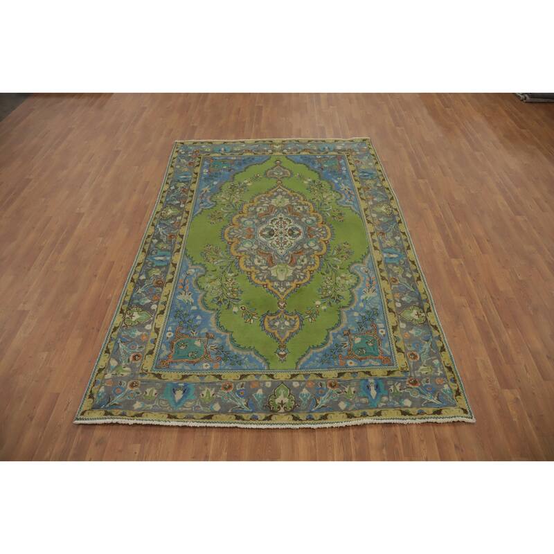 Hand Knotted Oriental 100% Wool Carpet Traditional Floral Green Tabriz Area Rug - 9' 5'' X 6' 5''