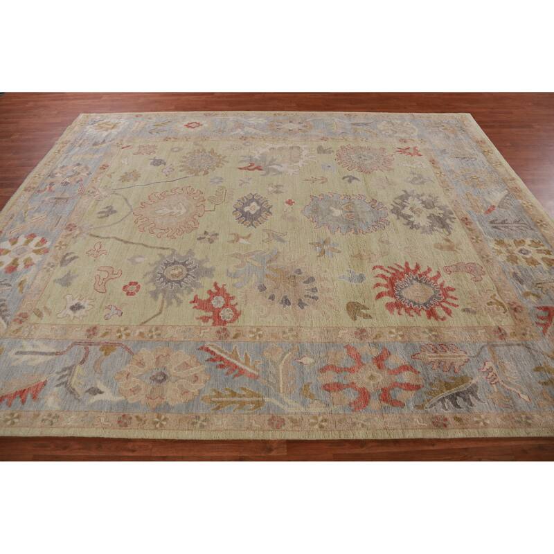 Hand Knotted Oriental 100% Wool Carpet Transitional All-Over Green Oushak Area Rug - 10' 3'' X 8' 7''