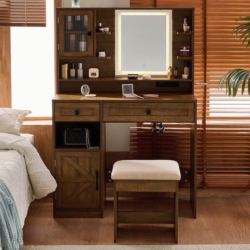 Vanity Dresser with Mirror and Stool Set Storage Drawers Luxury Furniture - Brown
