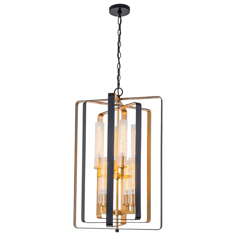 19.7" 8-Light Modern Black Gold Pendant Light with Ribbed Glass Tubes - Dia.19.5-in