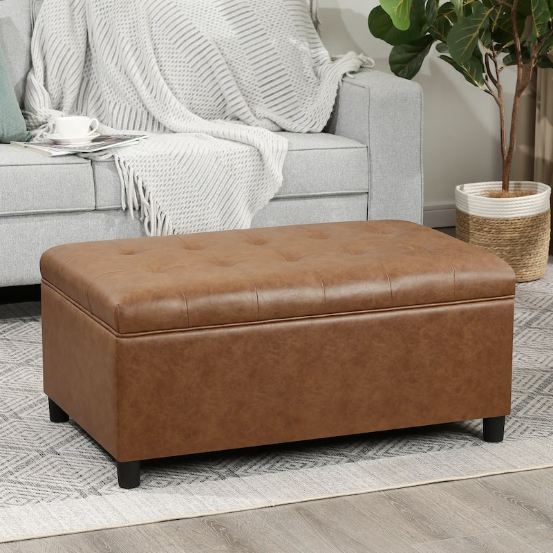 Adeco 35" Tufted Rectangular Storage Ottoman Bench - Light-Brown-Faux-Leather