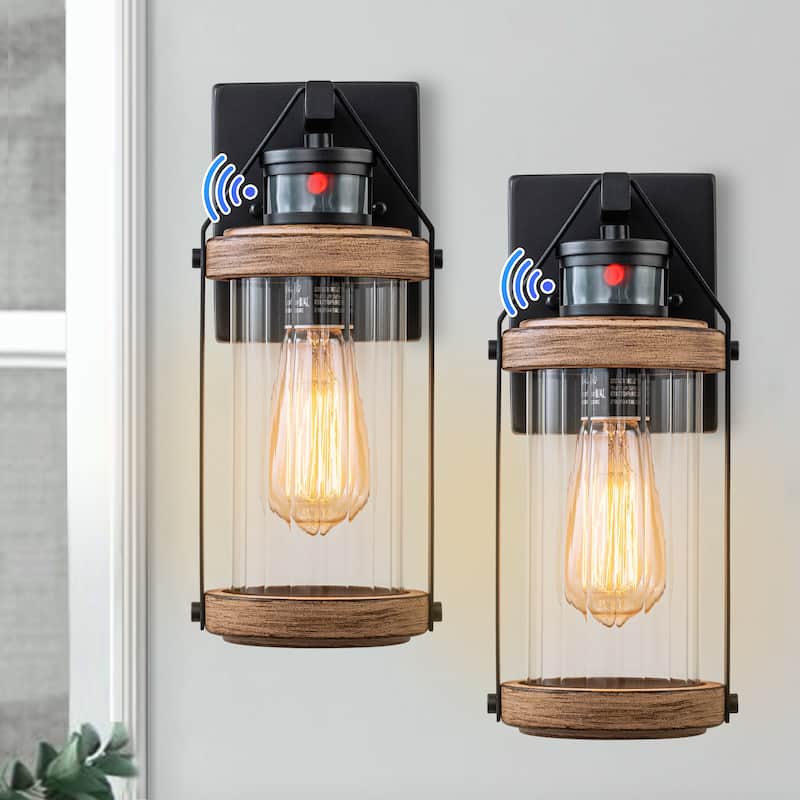 C Cattleya 2-Pack Black and Woodgrain Motion Sensor Dusk to Dawn Outdoor Wall Sconces Light - Black&Woodgrain