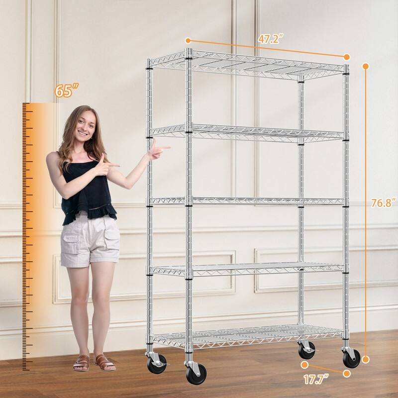 3/5/6-Tier Adjustable Heavy Duty Wire Shelving Unit with Wheels, Chrome/Black/White