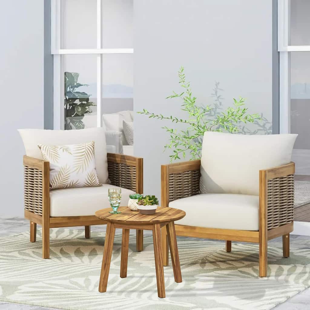Christopher Knight Home - Madison 3-Piece Outdoor Acacia Wood Chat Set with Slat Design Cushions