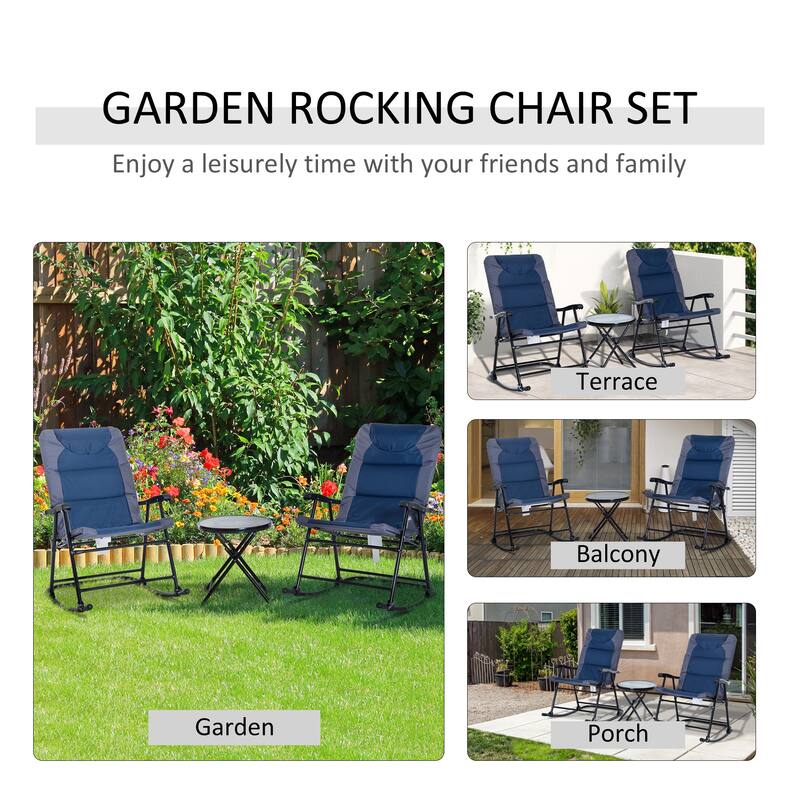 Patio Furniture Set with Glass Coffee Table & 2 Folding Rocking Chairs