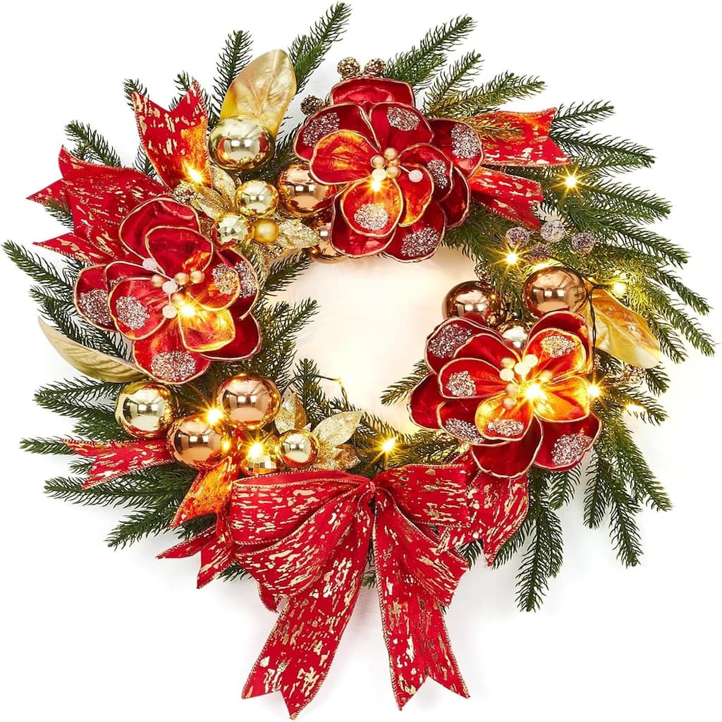 24-Inch Christmas Wreath With Red Flowers And A Bow. 8 Lighting Modes Red - N/A