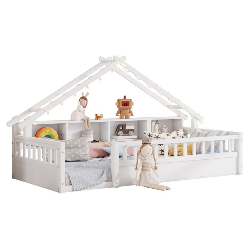 House-shaped Daybed Kids Wood House Bed Montessori Toddler Floor Bed with Roof Shape Storage Bookshelves and Light