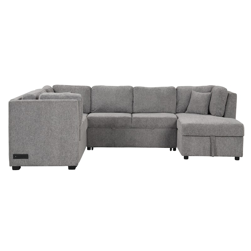 U-shaped Sectional Sofa Pull out Sofa Bed,2 USB Ports,2 Power Sockets,3 Back Pillows,Storage Chaise,Light Gray