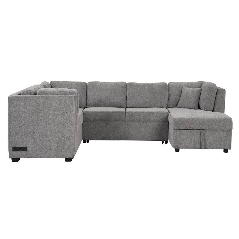 U-shaped Sectional Sofa Pull out Sofa Bed with Two USB Ports, Two Power Sockets, Three Back Pillows and a Storage Chaise