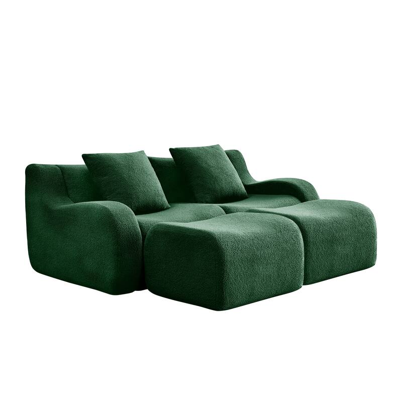 Teddy Fabric Boneless Sectional Sofa Set with 2 Ottoman, Modern Chaise Lounge Sofa with Curved Armrests, Anti-Slip Base