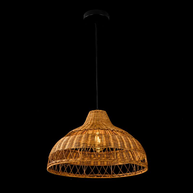 1-Light Farmhouse Brown Natural Handwoven Rattan Dome Pendant Light - 16.9 in. W x 11 in. H