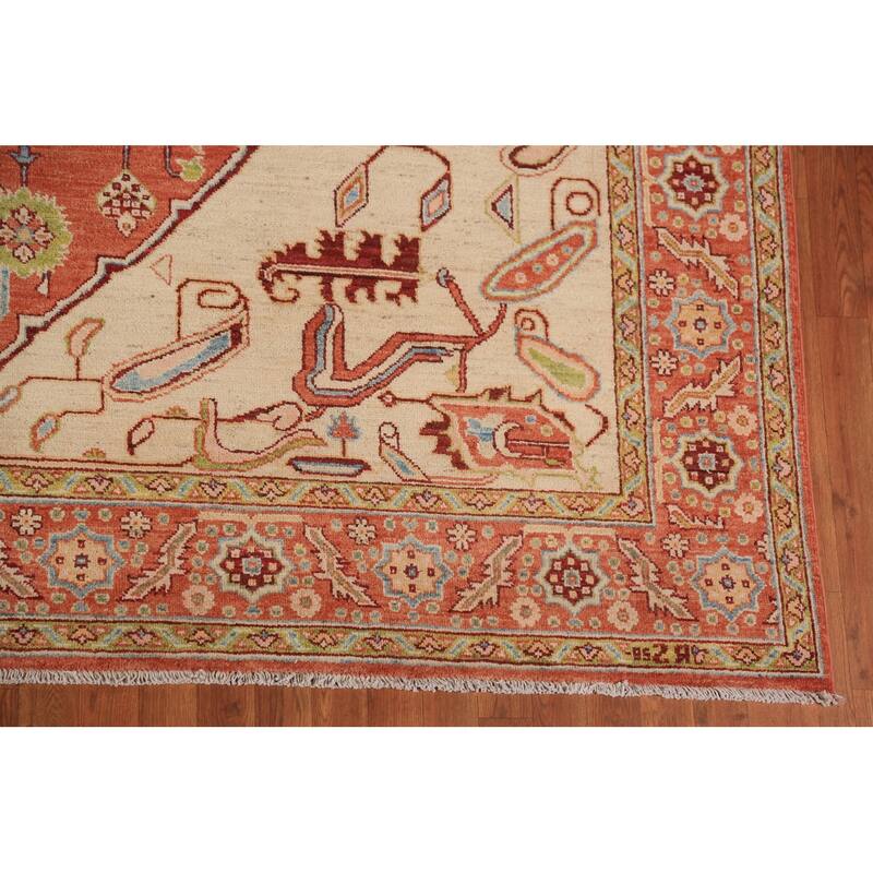 Vegetable Dye Orange Heriz Serapi Oriental Rug Handmade Wool Carpet - 8'11"x 11'8"