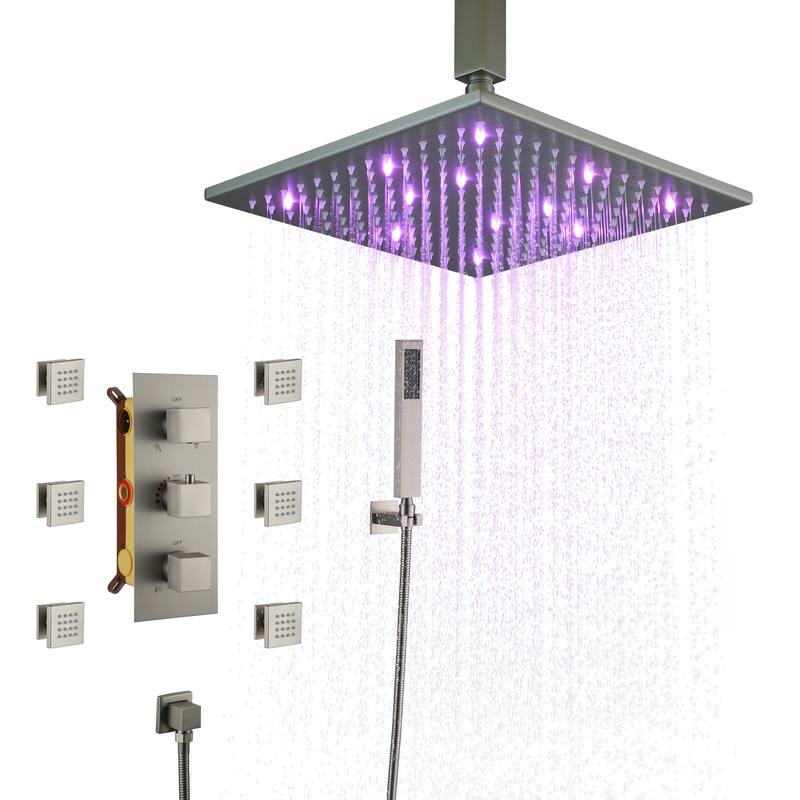 Celling 12 inch LED 3 Function Thermostatic Shower System with 6 Body Jets - Brushed Nickel