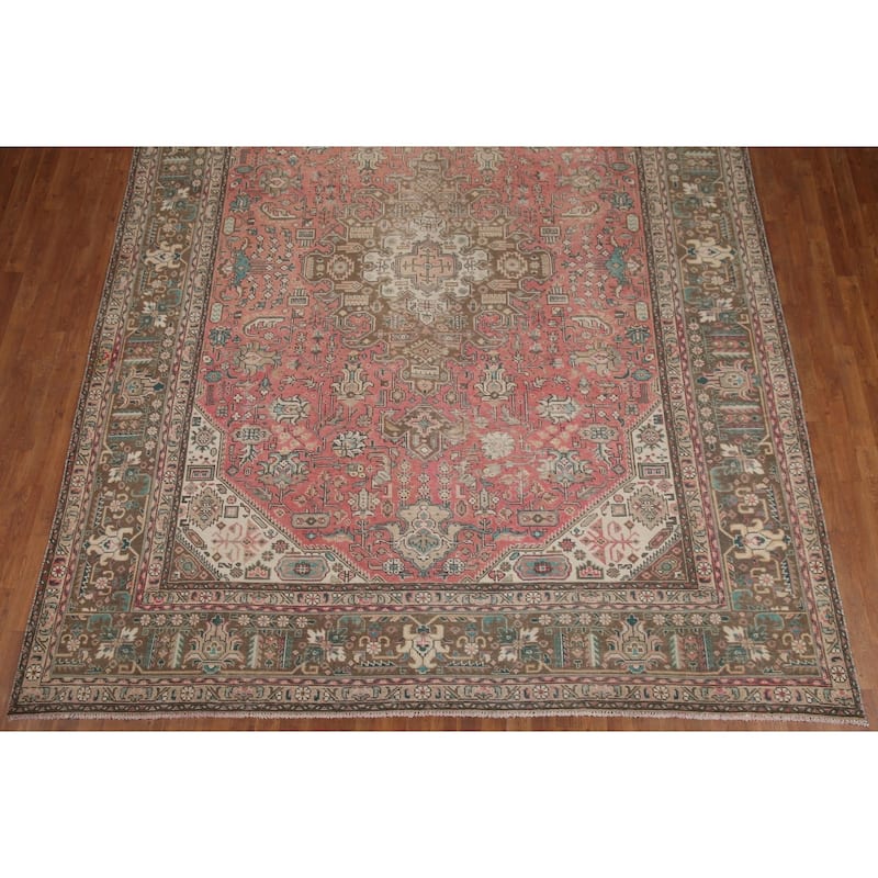 Hand Knotted Oriental 100% Wool Carpet Traditional Medallion Pink Tabriz Area Rug - 12' 4'' X 9' 5''