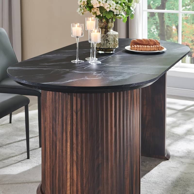 Modern 63" Fluted Oval Dining Table, Thick Edge Semicylindrical Base - N/A