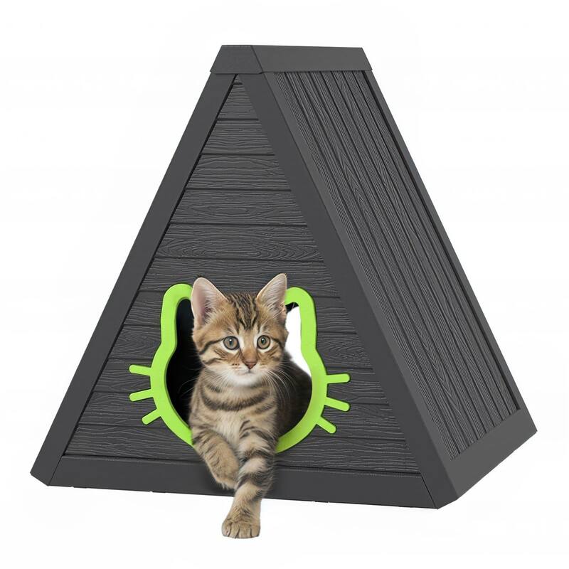Durable Triangle Cat Hut with Ramp, Waterproof Pet Tent, Cute Design Indoor Outdoor Use - Black
