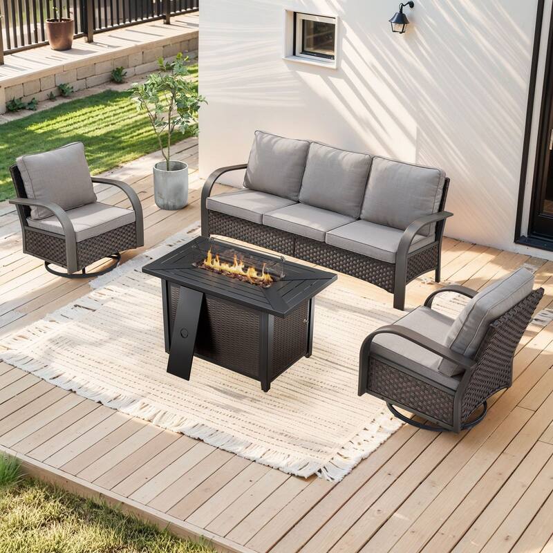 Propane Fire Pit with Outdoor Patio Funiture Set - Brown Rattan - Grey Cushion - 4PCS Sofa Swivel Chair with Fire Table