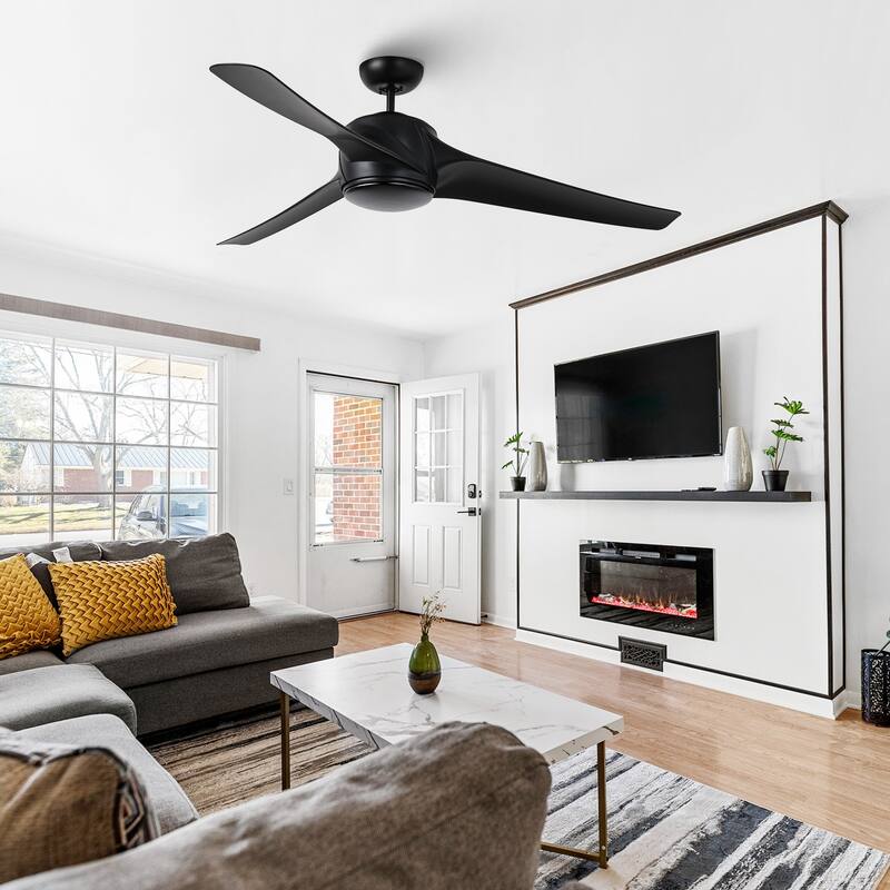 60" Matte Black Large Windmill Ceiling Fan with Light and Wall Control - 60-inch W x 14.1-inch H