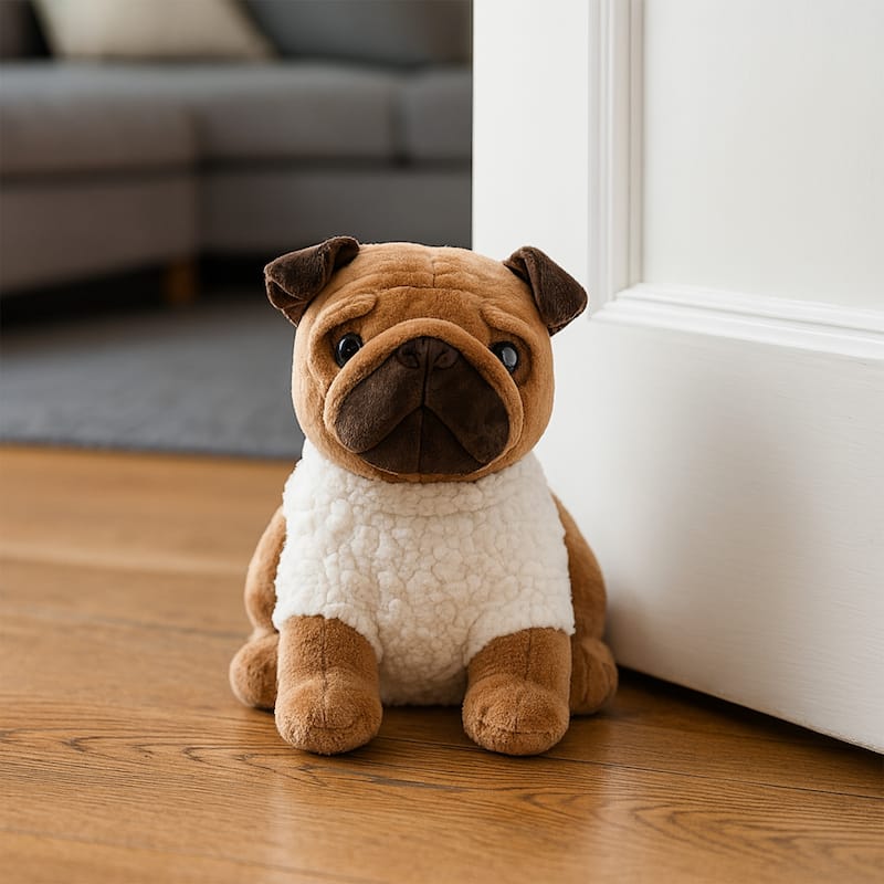 Decorative Pug Door Stopper, 2.3 lb Weighted, Brown/Ecru - 9"L x 6"W x 8"H