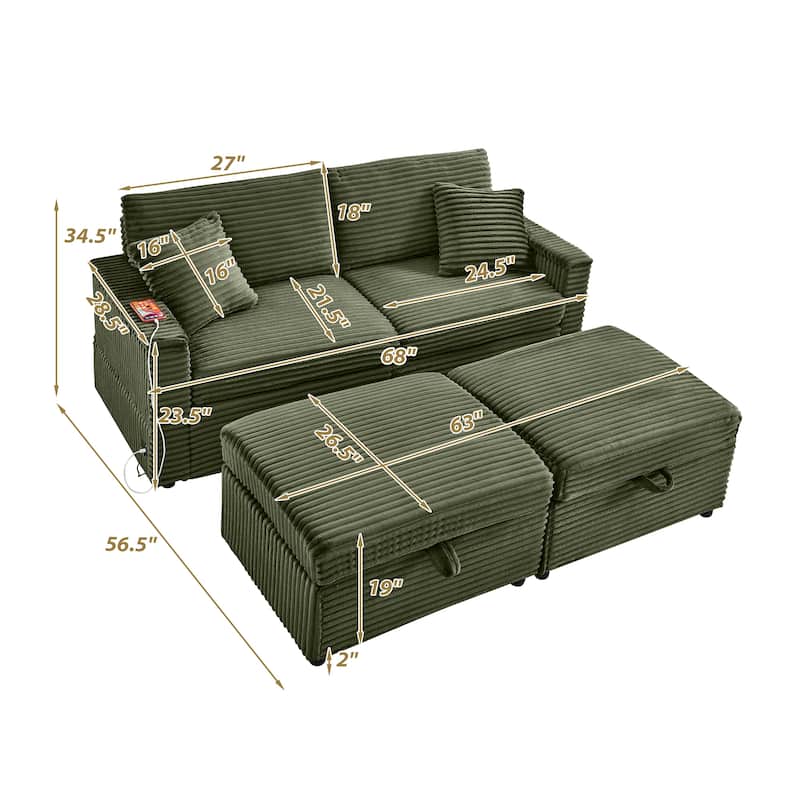 Modular Chaise Sleeper Sofa Bed, Corduroy Loveseat Couch & Storage Ottomans Set with Folding Table Boards and USB Ports