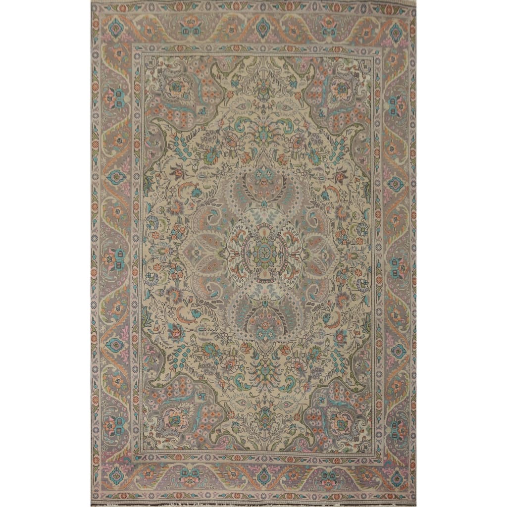Hand Knotted Oriental 100% Wool Carpet Traditional Floral Beige & Ivories Tabriz Area Rug - 9' 6'' X 6' 8''