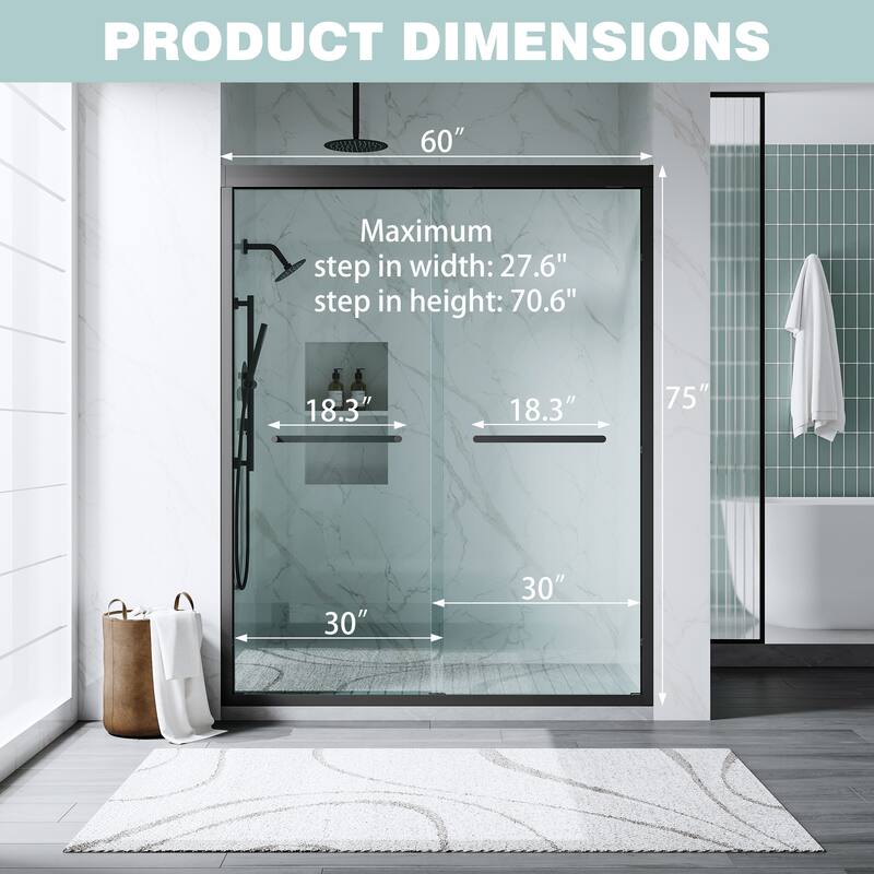 56-60"W x 75"H Aluminium Alloy Frame Double Sliding Shower Door with 6mm Tempered Glass,Matte Black - 56-60"W x 75"H