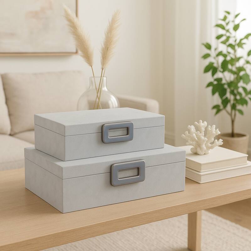 Wood Metal Storage Boxes with Accents Decor (Set of 2) - 11/14" White - 14" x 10" x 5"