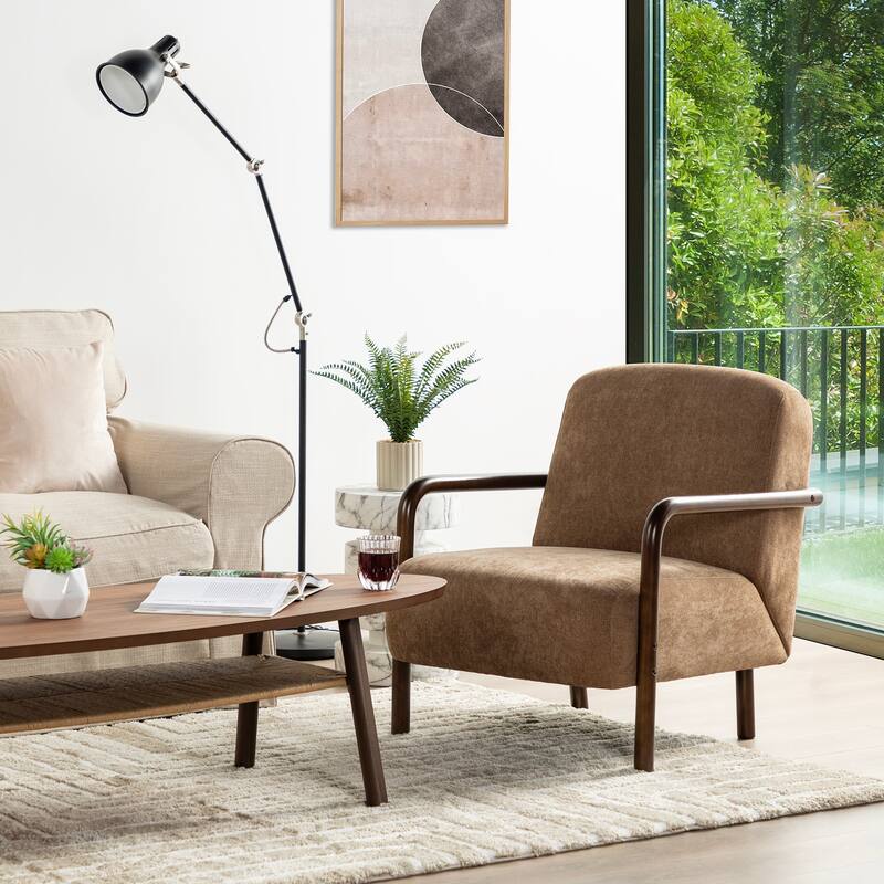 Glitzhome Set of 2 Mid-Century Modern Brown Fabric Thick Armchair with Walnut Rubberwood Frame