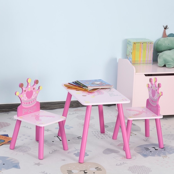Qaba 3 Piece Set Kids Wooden Table Chair with Crown Pattern Easy