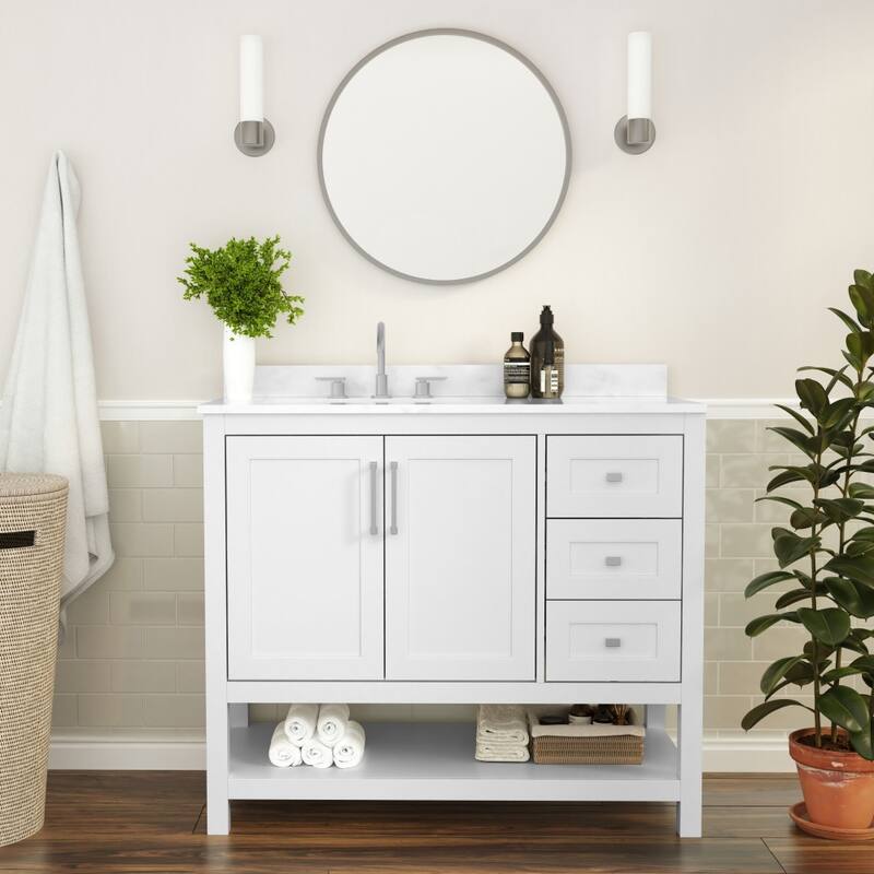 Bathroom Vanity with Sink, Open Storage, and Storage Drawers - 42 Inch - White Frame/Nickel Hardware