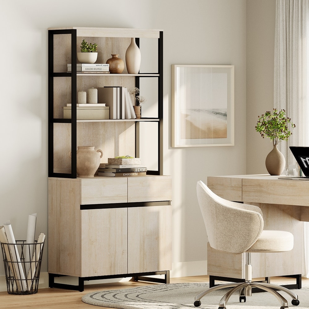 WAMPAT Modern 72" Tall Bookcase with Metal Base and Adjustable Shelves, Library Book Shelf with Storage Cabinet