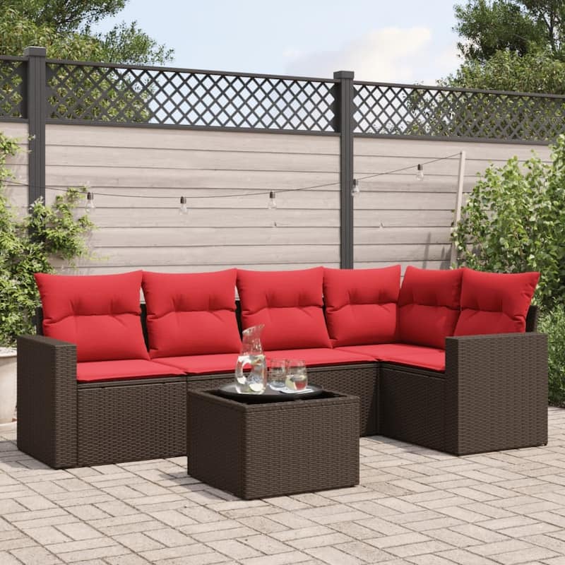 vidaXL Patio Sofa Set with Cushions Outdoor Conversation Furniture Poly Rattan - 25.8" x 24.4" x 27.2" - Brown and red with table