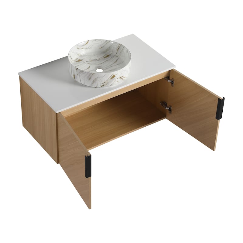 Malwee 30"/36" Floating Bathroom Vanity, Wall Mounted Bathroom Vanity with Ceramic Sink and Soft Close Door