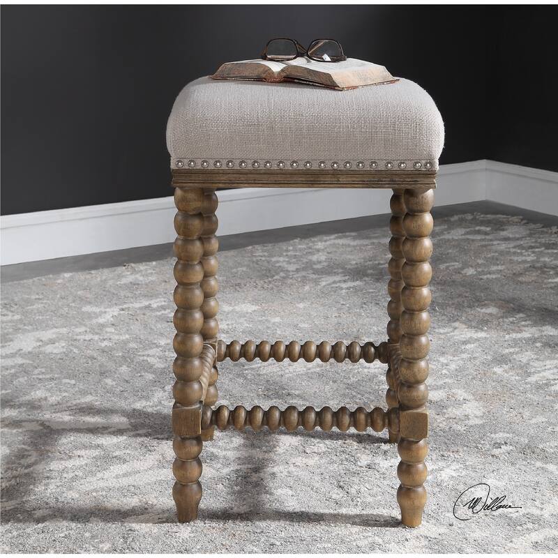 26" Pryce Spindle Leg Light Walnut Counter Stool with Linen Cushion