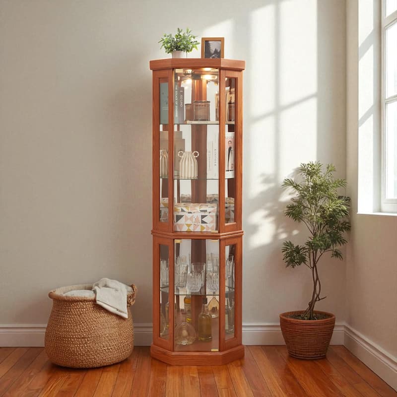 Lighted Corner Curio Cabinet with Glass Doors, Adjustable Shelves & Mirrored Back, Elegant Display Case for Collectibles