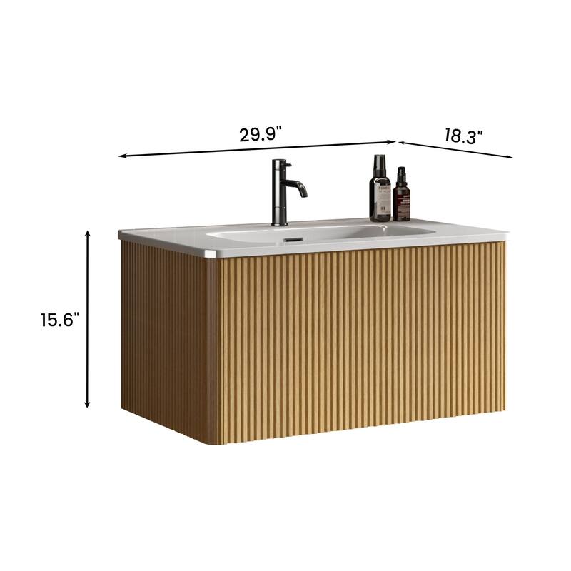 24 Inch Striped Walnut Bathroom Vanity with White Ceramic Sink,Wall Mounted Floating Bathroom Vanity for Modern Bathroom