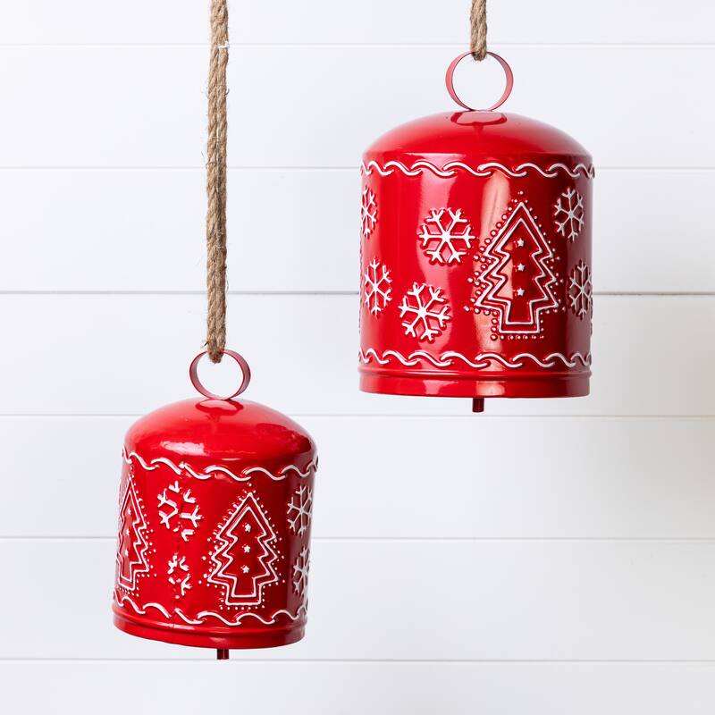 Transpac Metal 11.25 in. Red Christmas Embossed Bell Set of 2