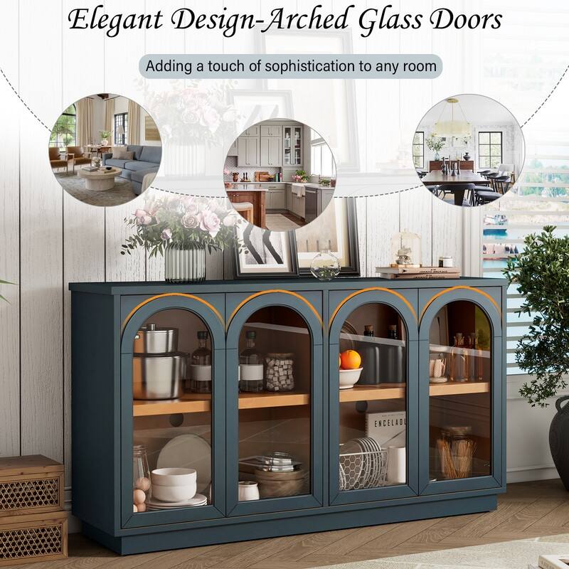 Spruce & Spring 4-Door Large Storage Buffet Cabinet with Glass Doors