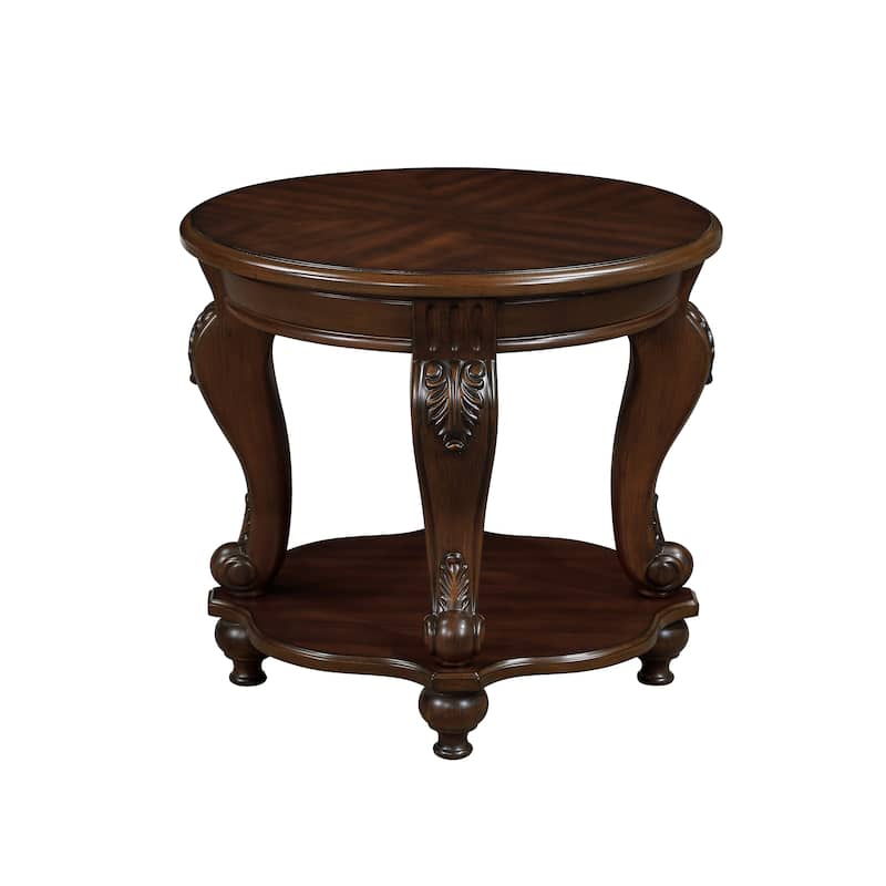 22'' Retro Round End Table,Solid Wood Sofa Side Table with Shelf,Living Room Corner Table Easy Assemble,Cherry