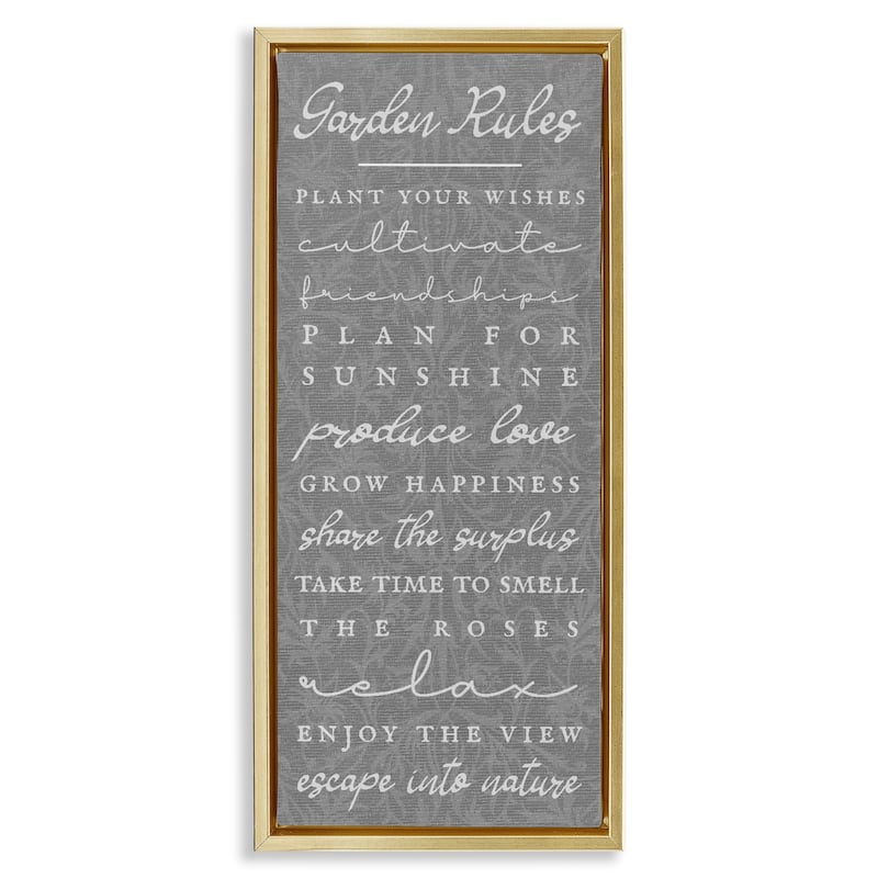 Stupell Comforting Garden Rules Framed Floater Canvas Wall Art Design By Lil' Rue - 11 x 25 - Gold