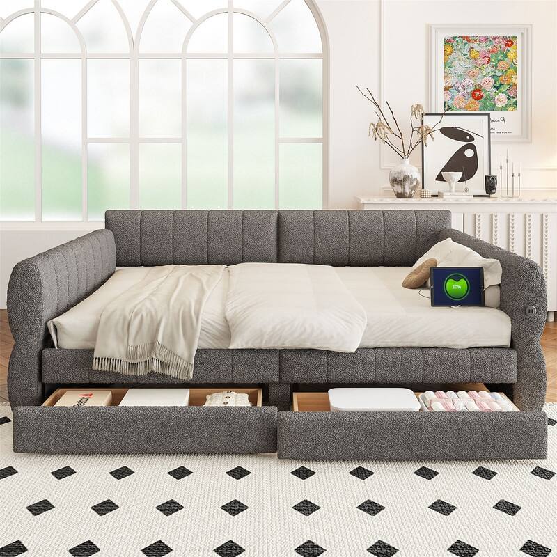Queen Size Upholstered Daybed with 2 Storage Drawers, Modern Daybed Frame Sofa Bed with USB Port and Armrest
