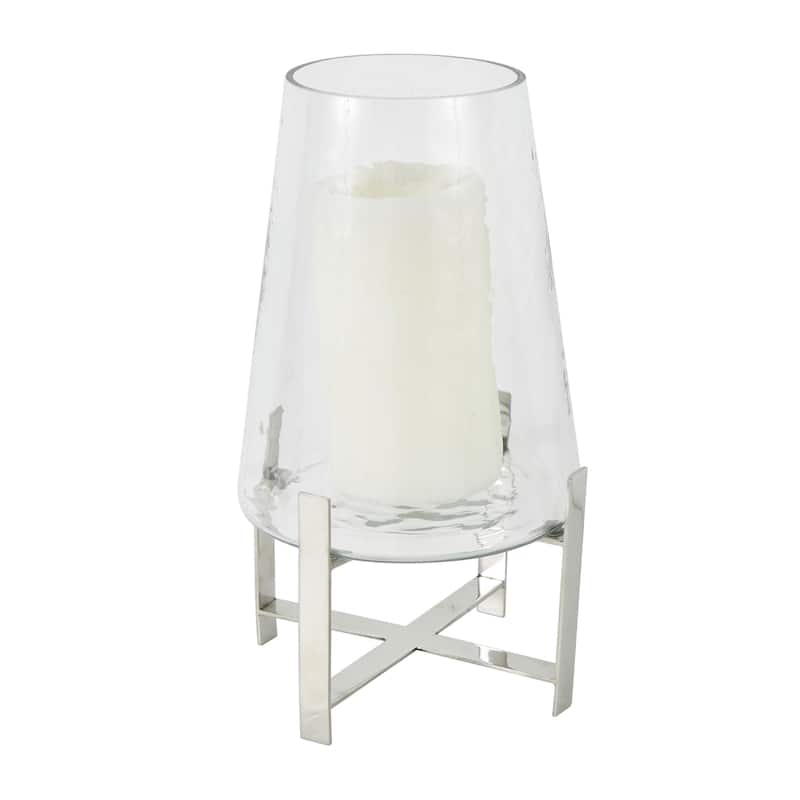Stainless Steel Metal Hurricane Lamp with Stainless Steel X Shaped Base - Clear - Roche River Decor