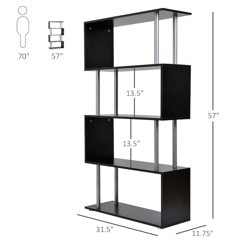 HomCom Modern S-Shaped 5 Tier Room Dividing Bookcase Wooden Storage Display Stand Shelf - Black - 11.75*31.5*57.25