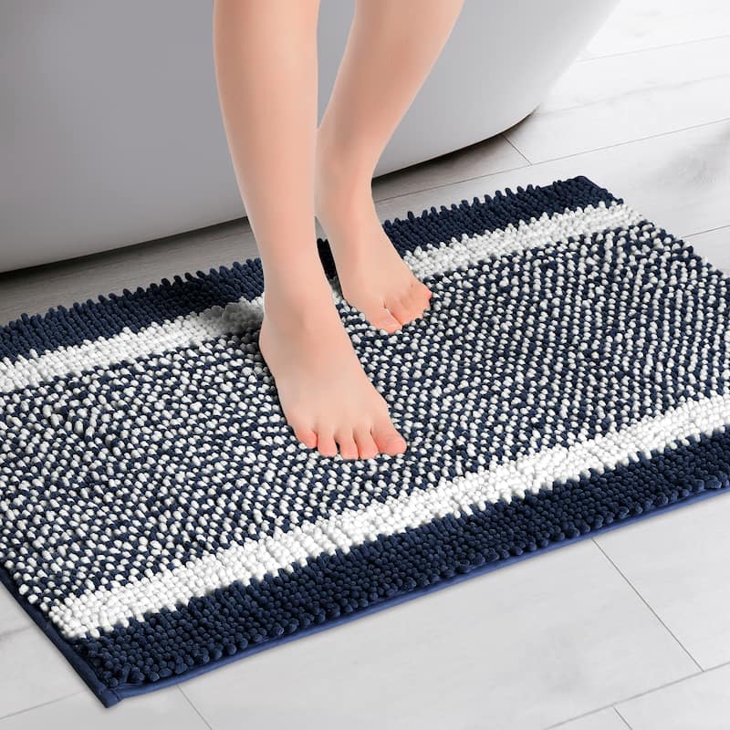 1 Pcs Chenille Striped Bathroom Rug Mat, Non-Slip Soft Plush Shaggy Bath Carpet - Blue - 16" x 24"